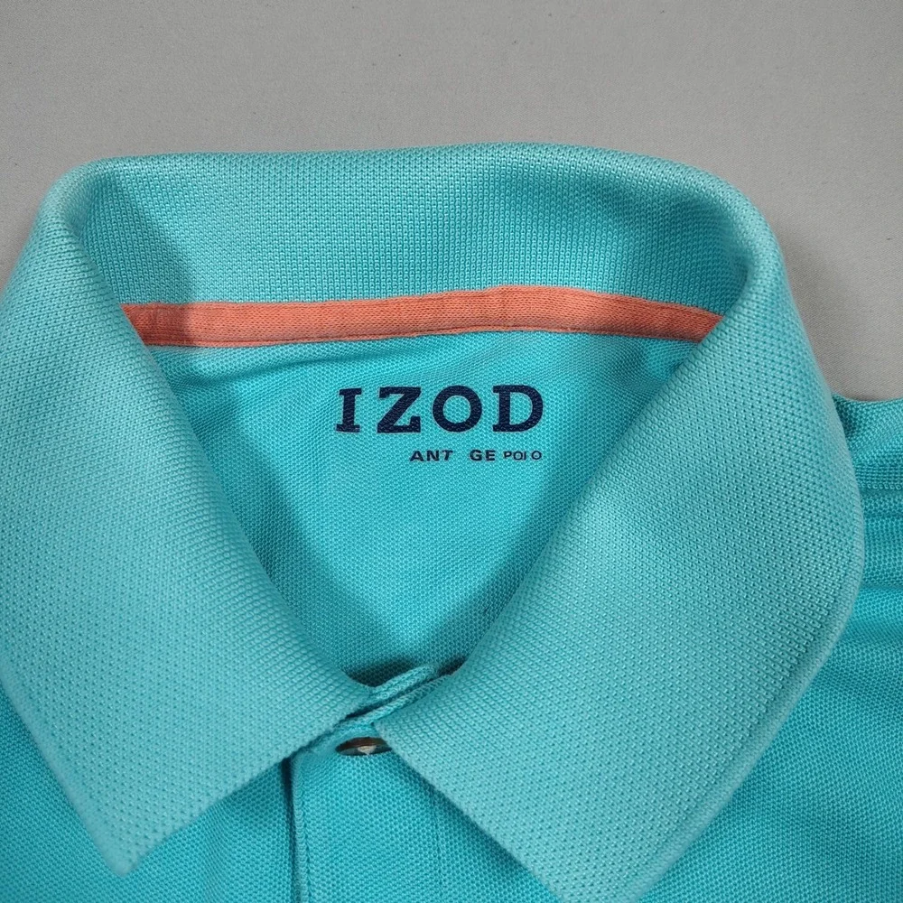 IZOD Advantage Polo Mens Medium Turquoise Blue Short Sleeve Solid Pique Cotton‎